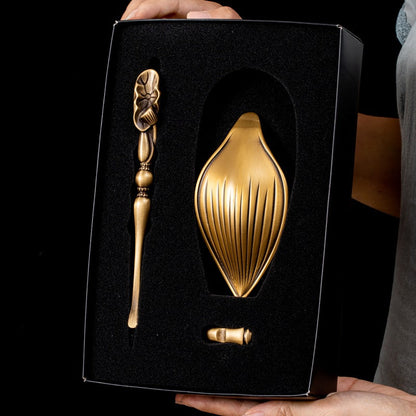 Brass Cha He Tea Holder with Lotus Spoon Set