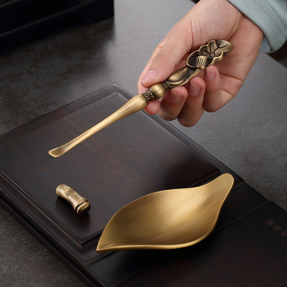 Brass Cha He Tea Holder with Lotus Spoon Set