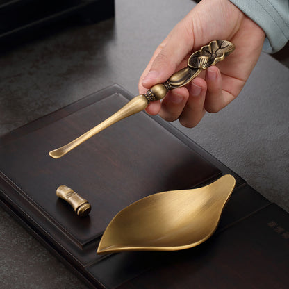 Brass Cha He Tea Holder with Lotus Spoon Set