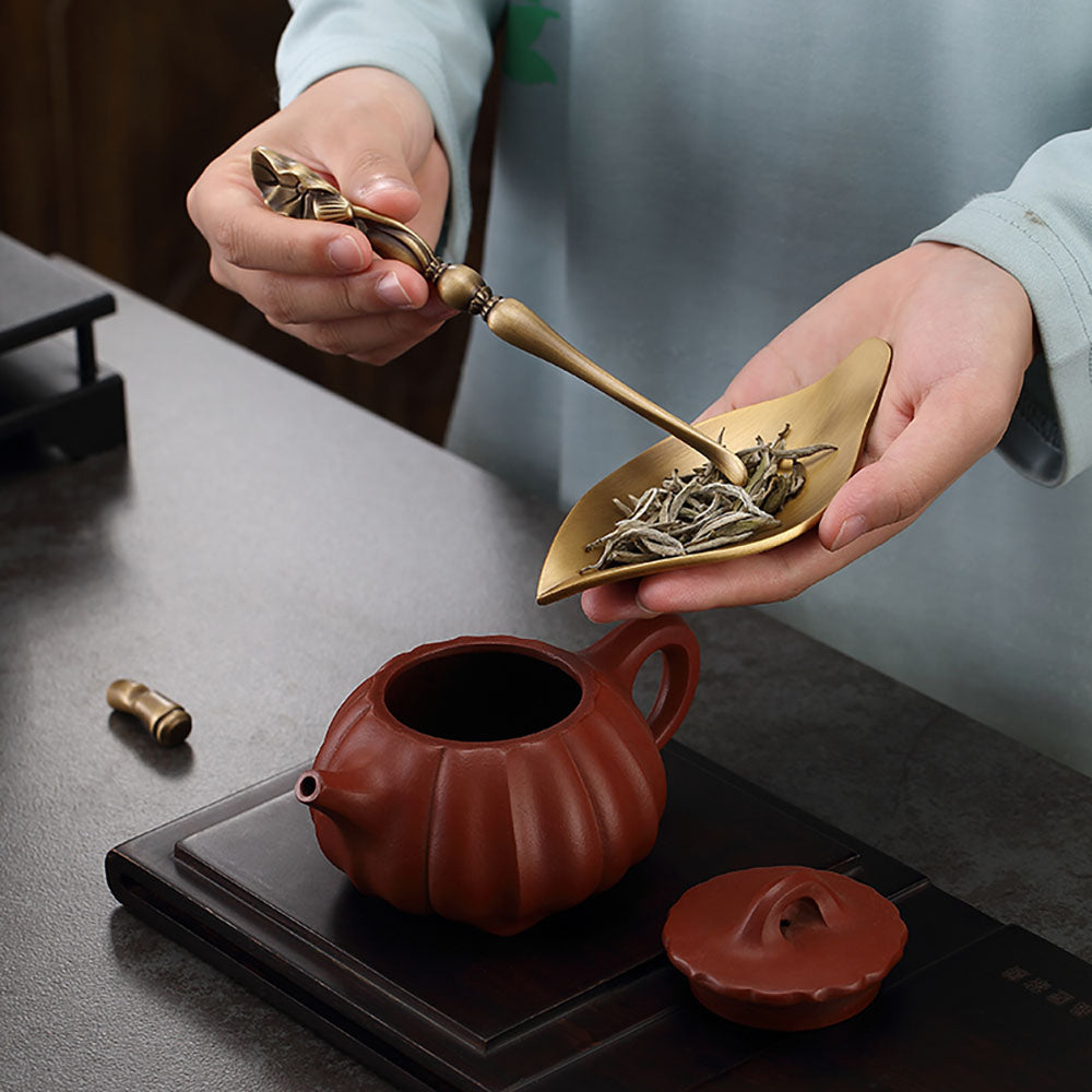 Brass Cha He Tea Holder with Lotus Spoon Set