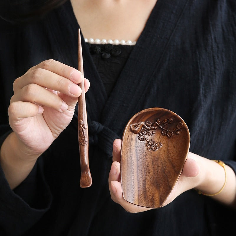 Walnut Wood Tea Holder with Needle | Cha He Set