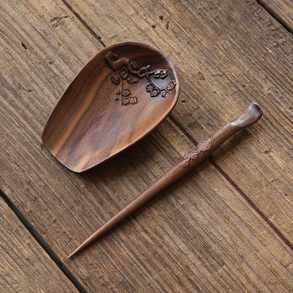 Walnut Wood Tea Holder with Needle | Cha He Set