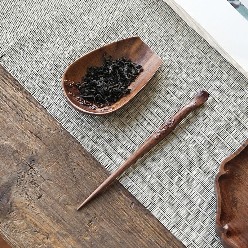 Walnut Wood Tea Holder with Needle | Cha He Set