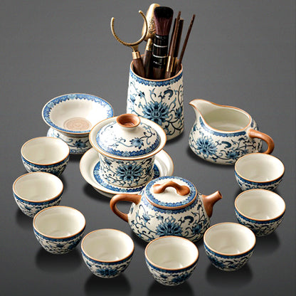 Ruyao Gongfu Tea Set Blue White Twig Flowers Ice Crack 14pc