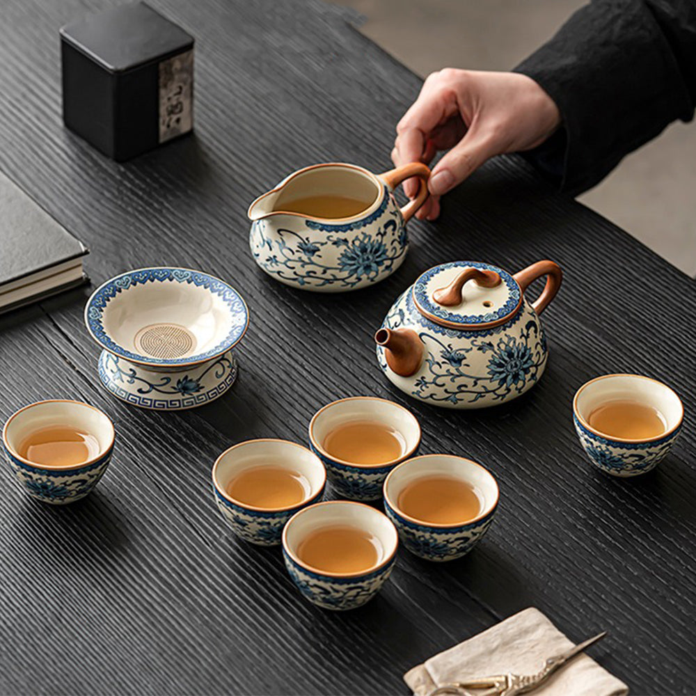 Ruyao Gongfu Tea Set Blue White Twig Flowers Ice Crack 14pc