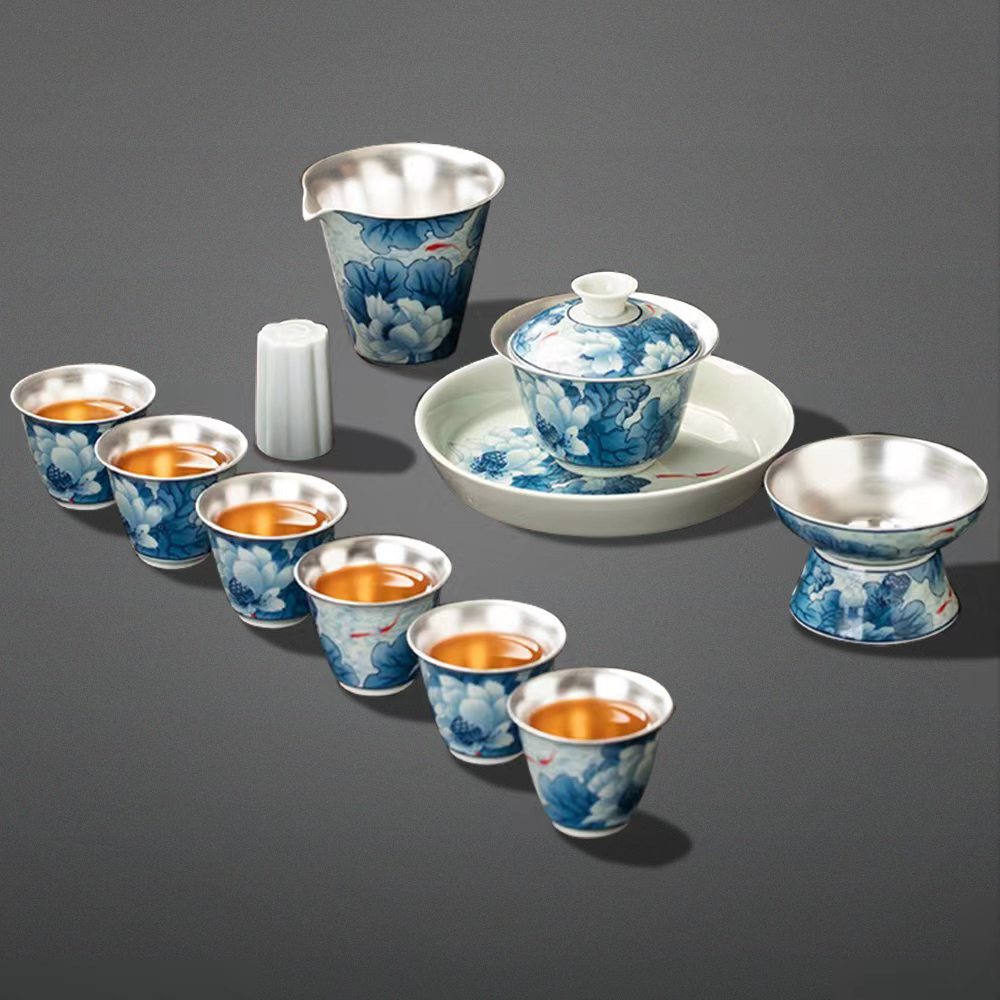 Gaiwan Tea Set | Enamel Lotus Fish Porcelain Silver Plated