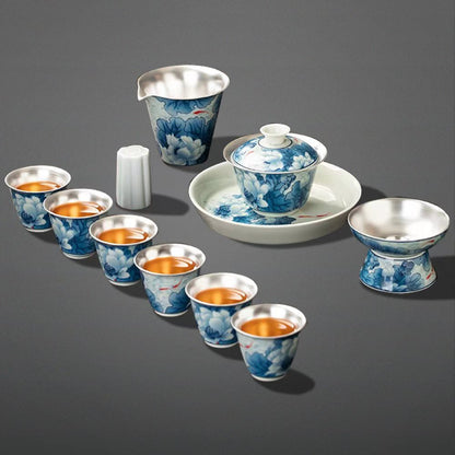 Gaiwan Tea Set | Enamel Lotus Fish Porcelain Silver Plated