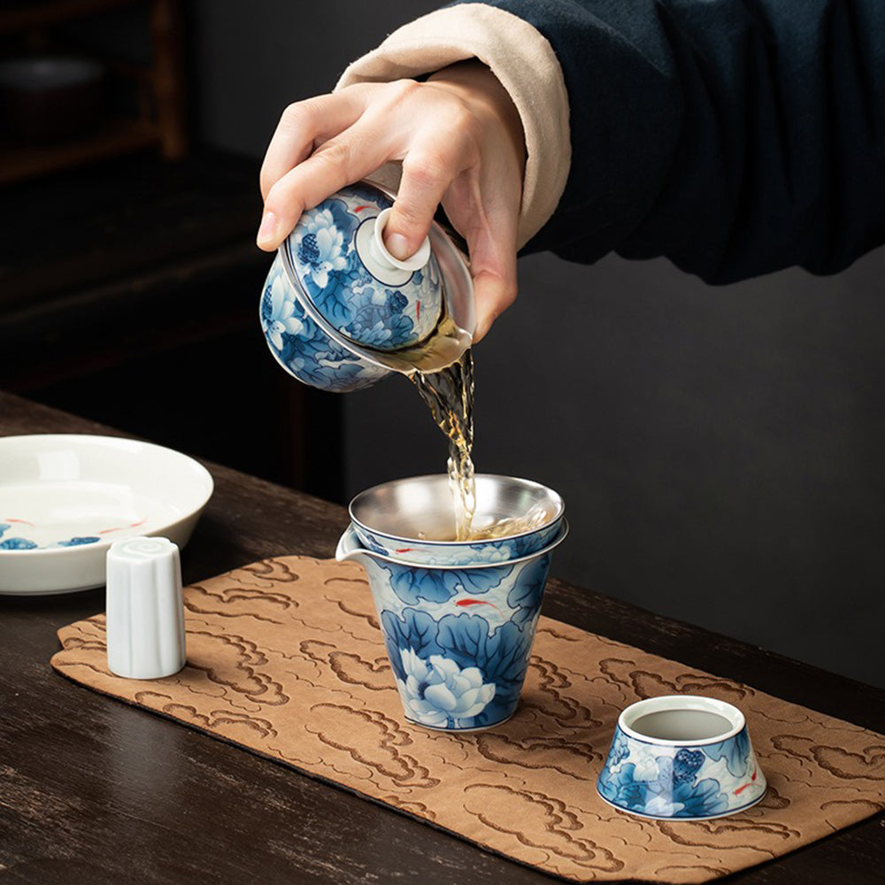 Gaiwan Tea Set | Enamel Lotus Fish Porcelain Silver Plated