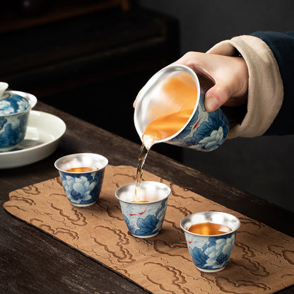 Gaiwan Tea Set | Enamel Lotus Fish Porcelain Silver Plated