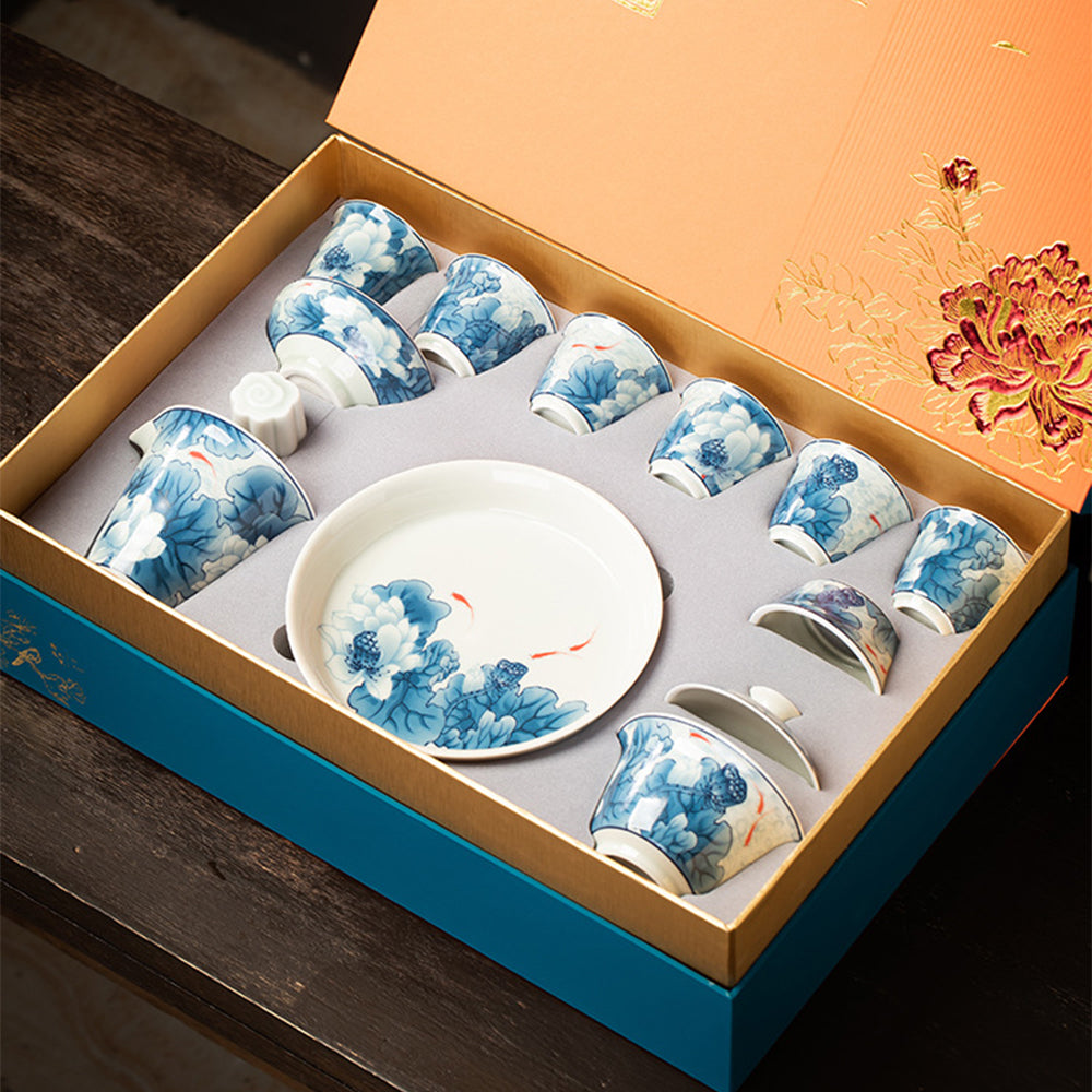 Gaiwan Tea Set | Enamel Lotus Fish Porcelain Silver Plated