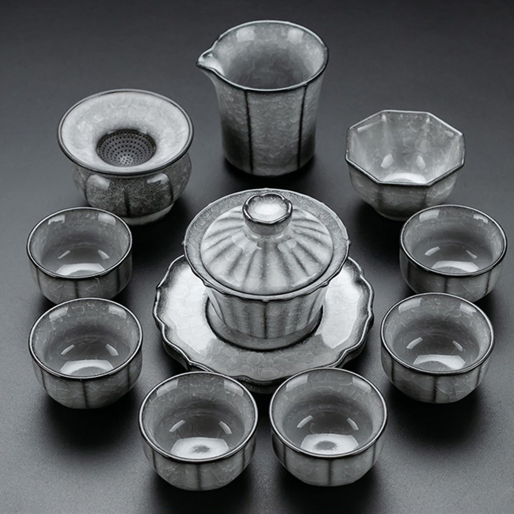 Kung Fu Tea Set Black Ice Crack Ceramic 11-Piece