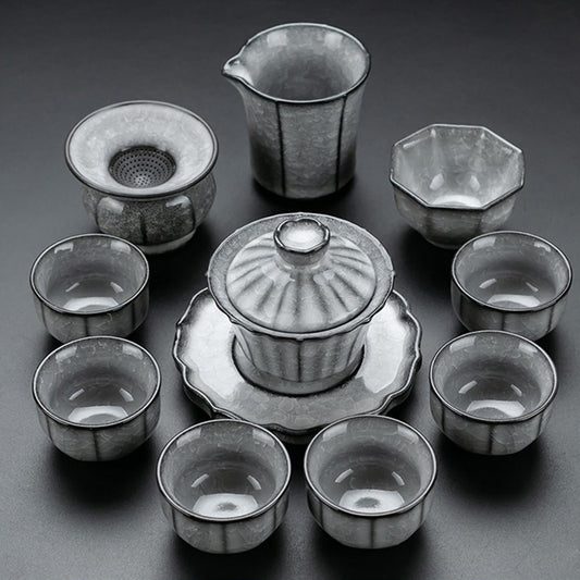 Kung Fu Tea Set Black Ice Crack Ceramic 11-Piece