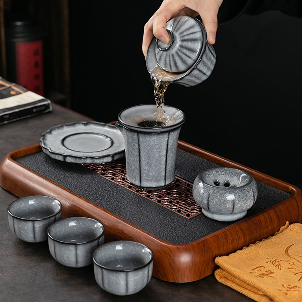 Kung Fu Tea Set Black Ice Crack Ceramic 11-Piece
