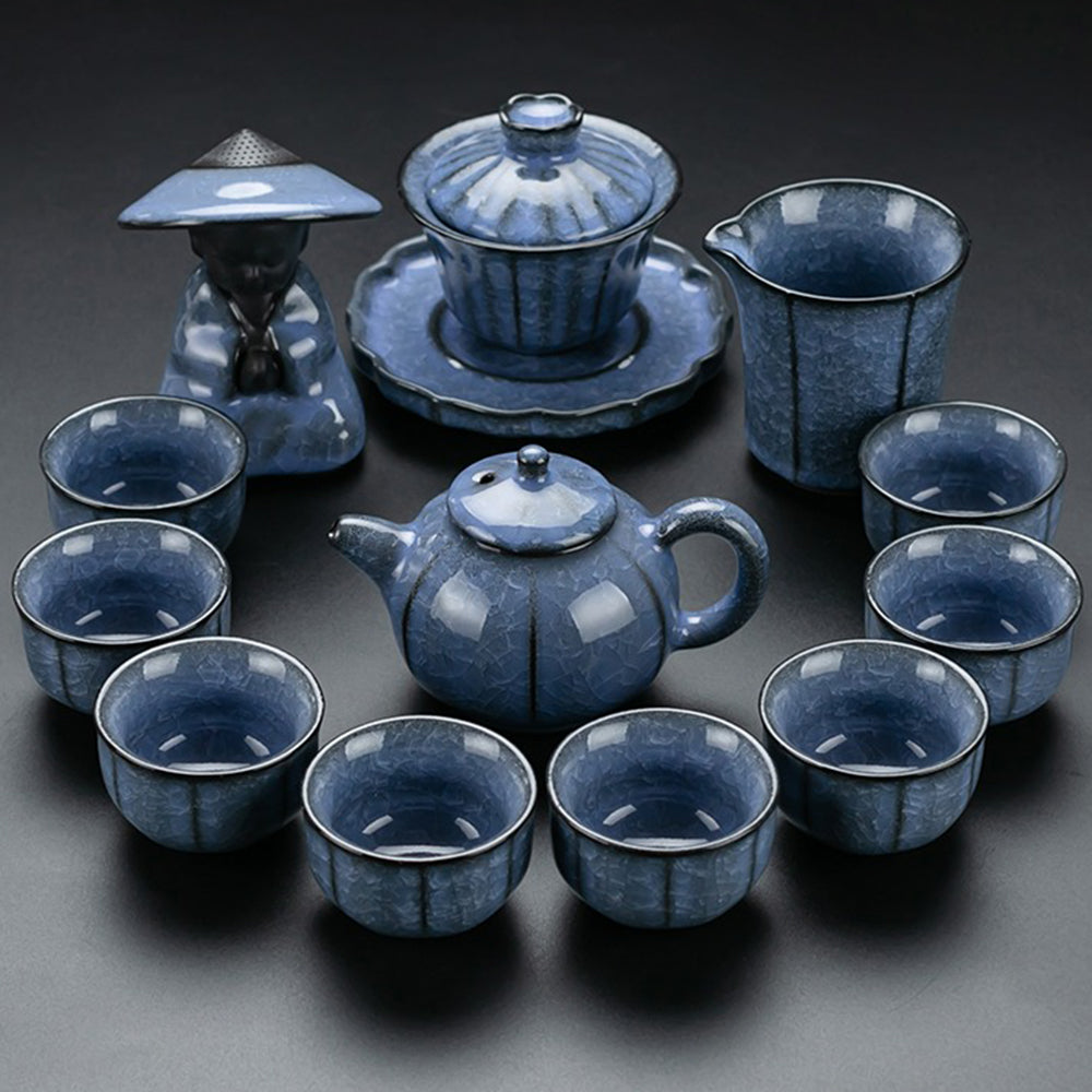 Kung Fu Tea Set Ice Crack Blue Porcelain 13-Piece