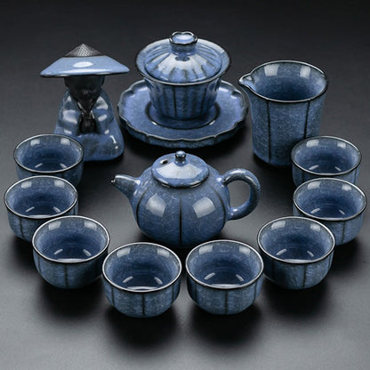Kung Fu Tea Set Ice Crack Blue Porcelain 13-Piece