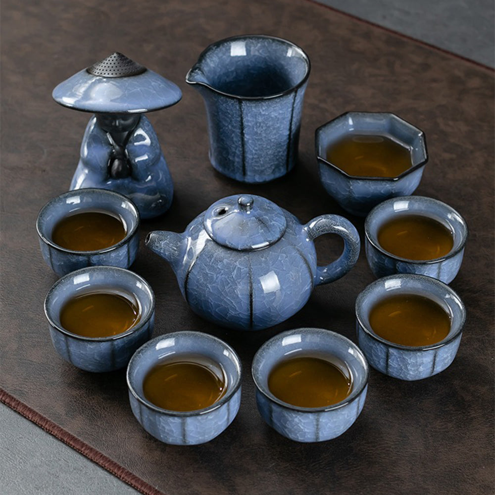 Kung Fu Tea Set Ice Crack Blue Porcelain 13-Piece