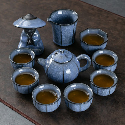 Kung Fu Tea Set Ice Crack Blue Porcelain 13-Piece
