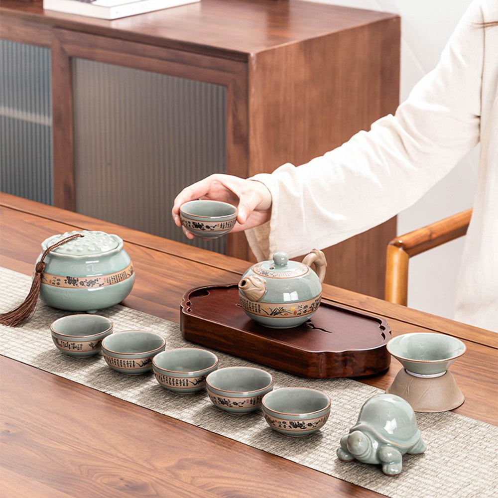 Ge Kiln Ice Crack Tea Set Gift Box, Bamboo Hand-Painted