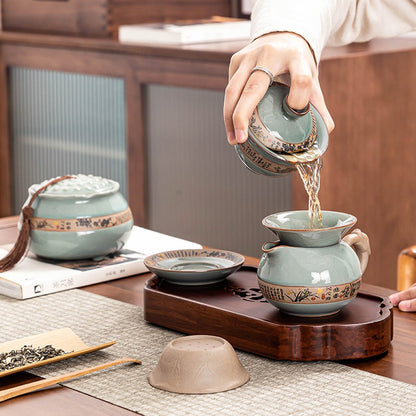 Ge Kiln Ice Crack Tea Set Gift Box, Bamboo Hand-Painted