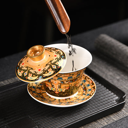 Gaiwan Tea Cup Thangka Enamel Porcelain | 135ml Lidded