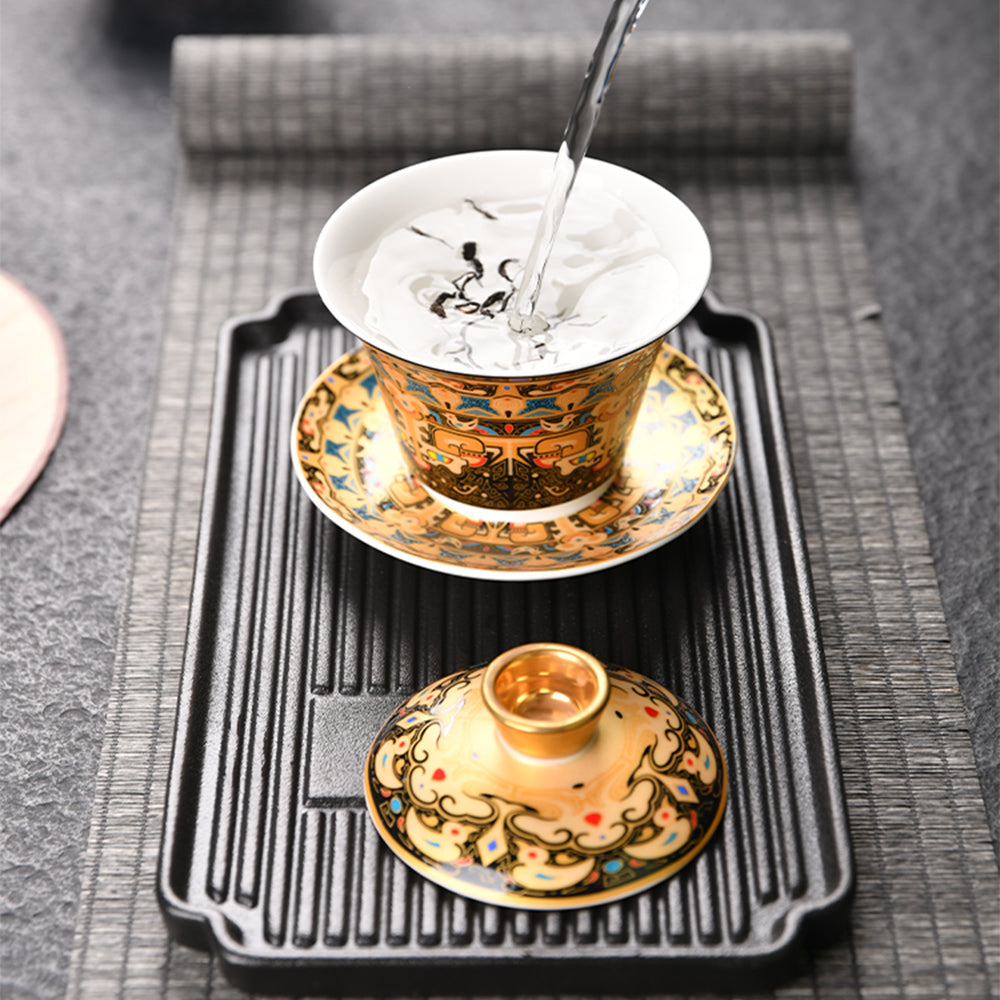 Gaiwan Tea Cup Thangka Enamel Porcelain | 135ml Lidded