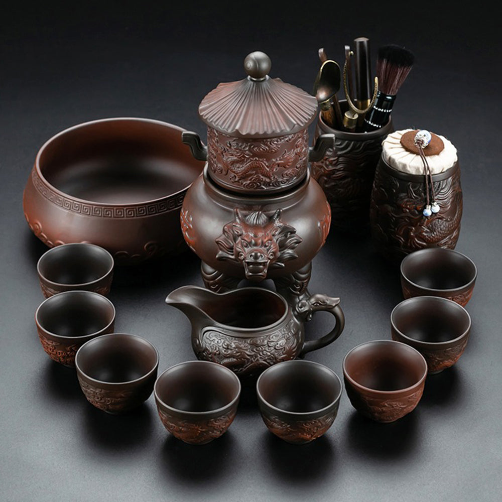 Automatic Tea Set Purple Pottery Dragon Carved, 14-Piece