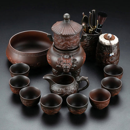 Automatic Tea Set Purple Pottery Dragon Carved, 14-Piece