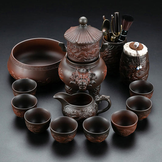 Automatic Tea Set Purple Pottery Dragon Carved, 14-Piece