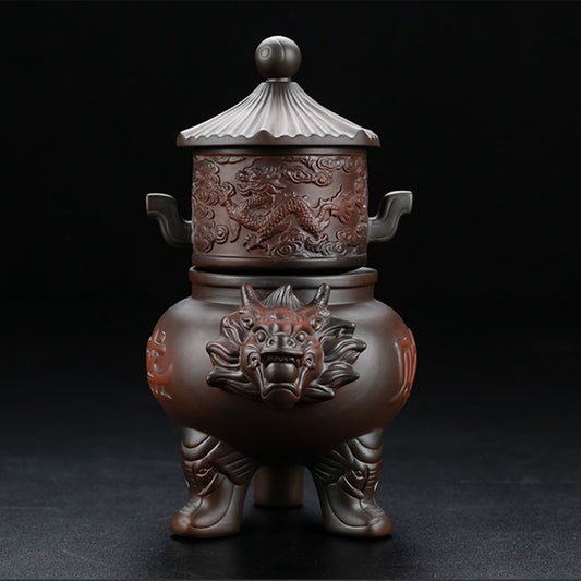 Automatic Tea Set Purple Pottery Dragon Carved, 14-Piece