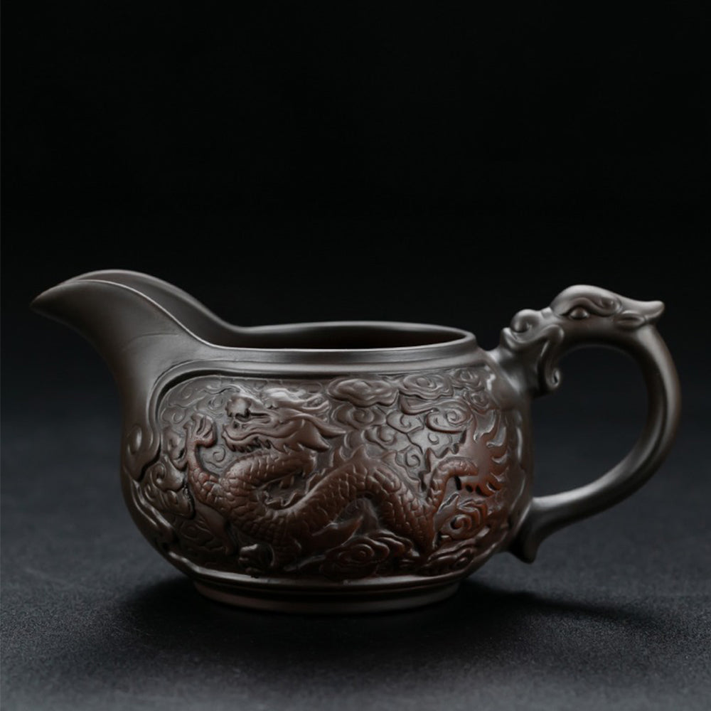 Automatic Tea Set Purple Pottery Dragon Carved, 14-Piece