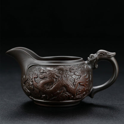 Automatic Tea Set Purple Pottery Dragon Carved, 14-Piece