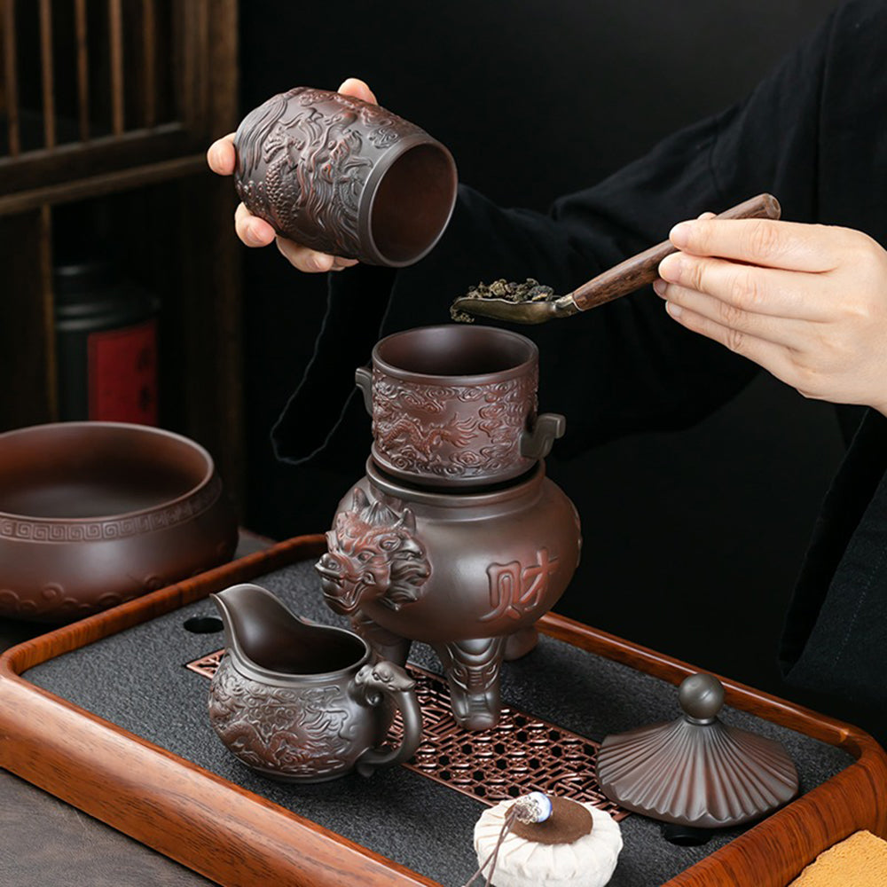 Automatic Tea Set Purple Pottery Dragon Carved, 14-Piece