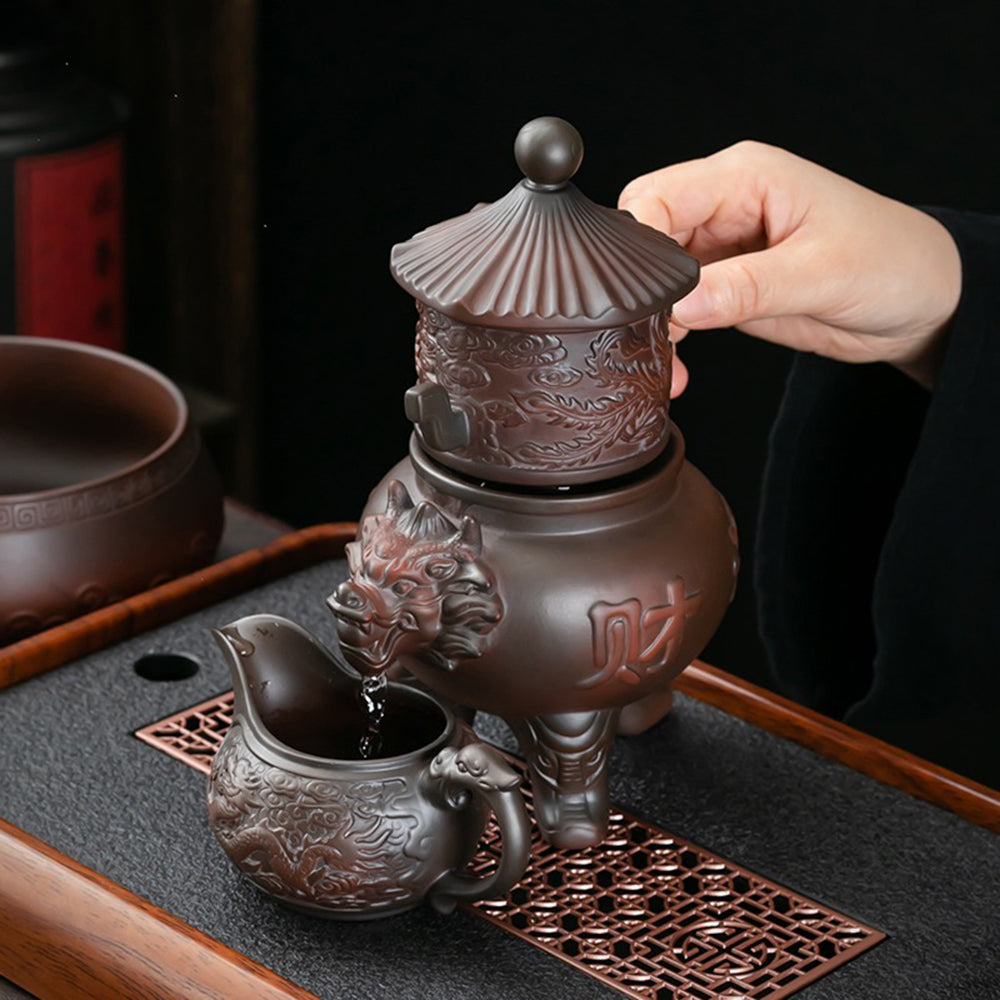 Automatic Tea Set Purple Pottery Dragon Carved, 14-Piece