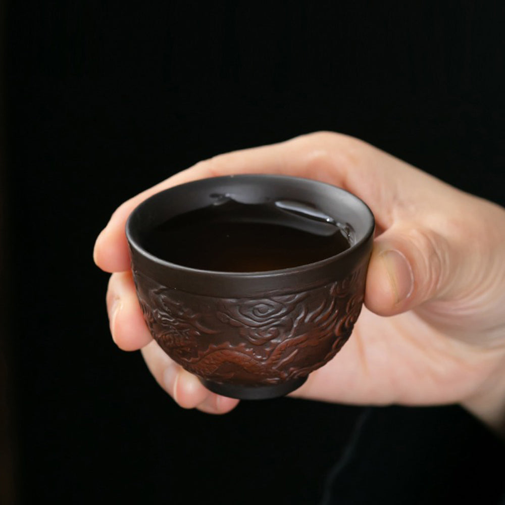 Automatic Tea Set Purple Pottery Dragon Carved, 14-Piece
