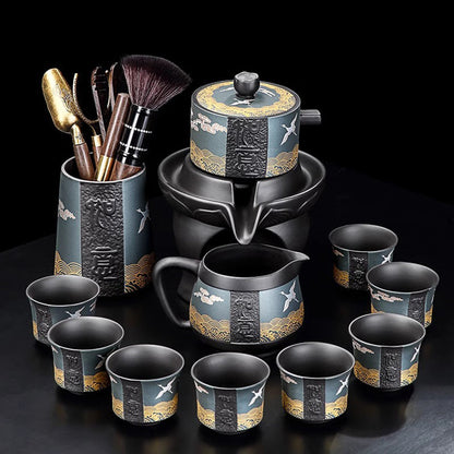 Automatic Gongfu Tea Set – Cranes & Auspicious Clouds 11-Pc