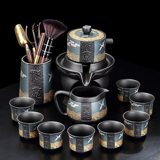Automatic Gongfu Tea Set – Cranes & Auspicious Clouds 11-Pc