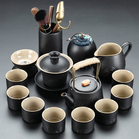 Japanese Black Pottery Tea Set Mountain Zen Gaiwan 14-Piece