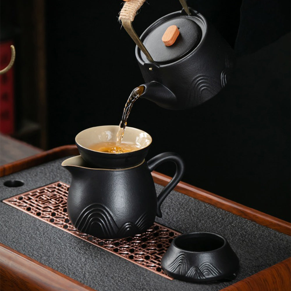 Japanese Black Pottery Tea Set Mountain Zen Gaiwan 14-Piece