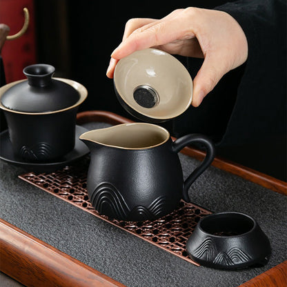 Japanese Black Pottery Tea Set Mountain Zen Gaiwan 14-Piece