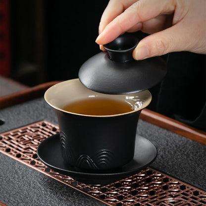 Japanese Black Pottery Tea Set Mountain Zen Gaiwan 14-Piece
