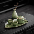 Celadon Porcelain Tea Set | Leaf Tray & Vase | 5-Piece
