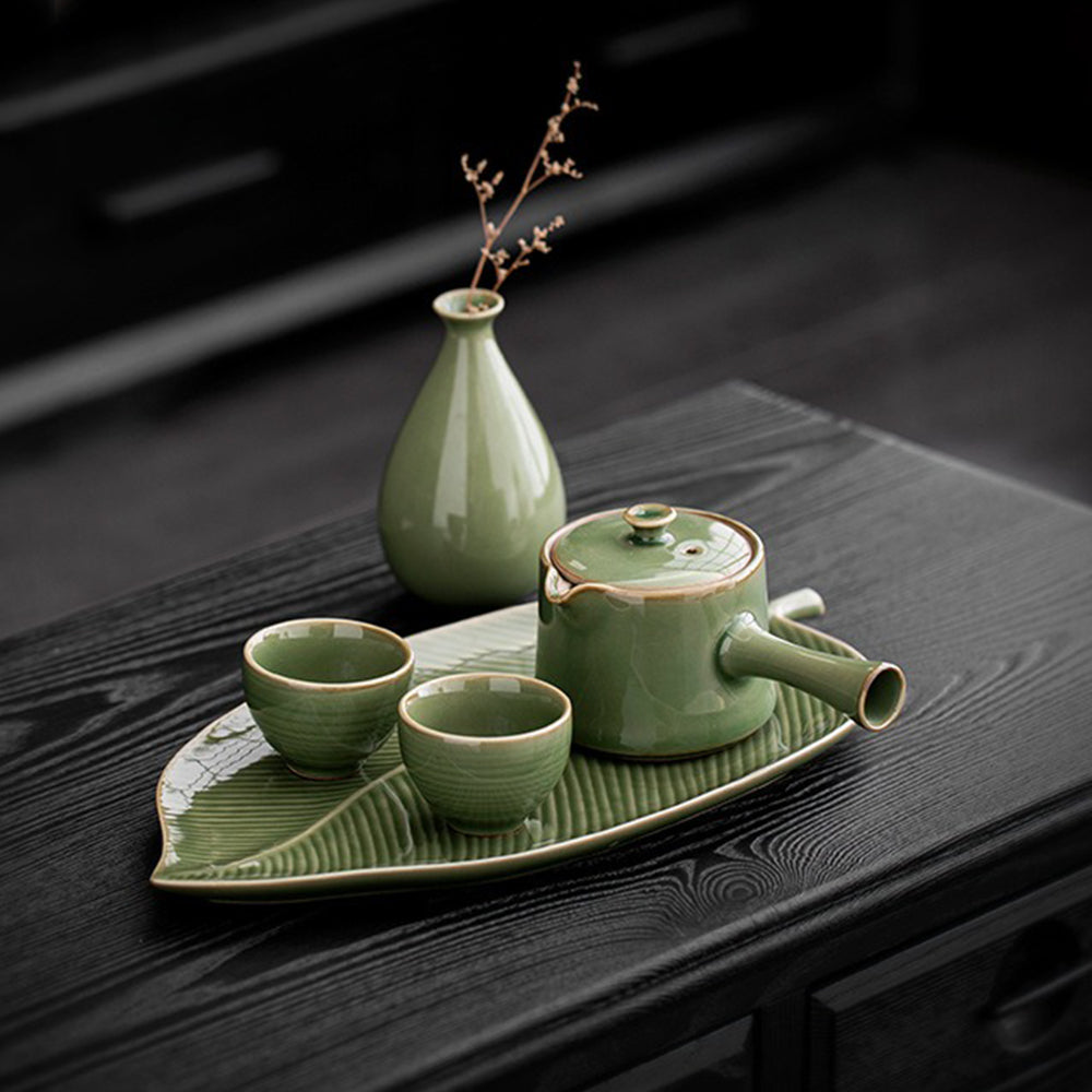 Celadon Porcelain Tea Set | Leaf Tray & Vase | 5-Piece