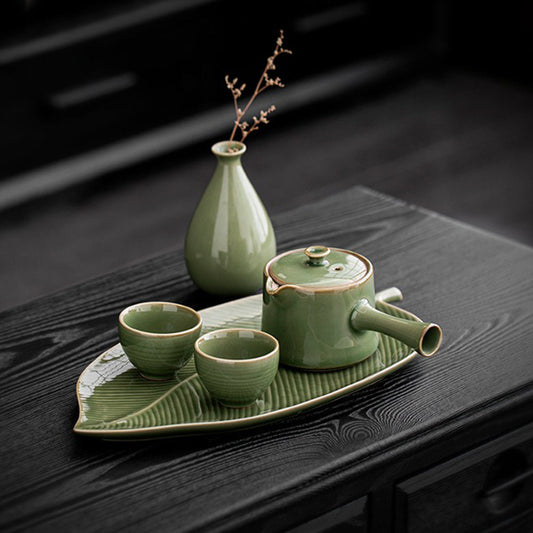 Celadon Porcelain Tea Set | Leaf Tray & Vase | 5-Piece