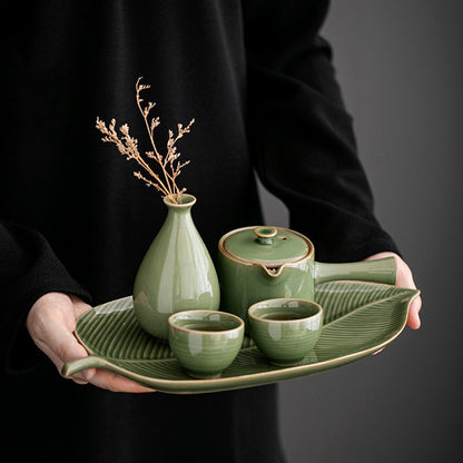 Celadon Porcelain Tea Set | Leaf Tray & Vase | 5-Piece