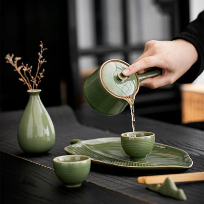 Celadon Porcelain Tea Set | Leaf Tray & Vase | 5-Piece