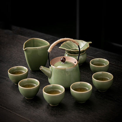 Celadon Gongfu Tea Set 10-Piece | Green Glaze & Rope Handle