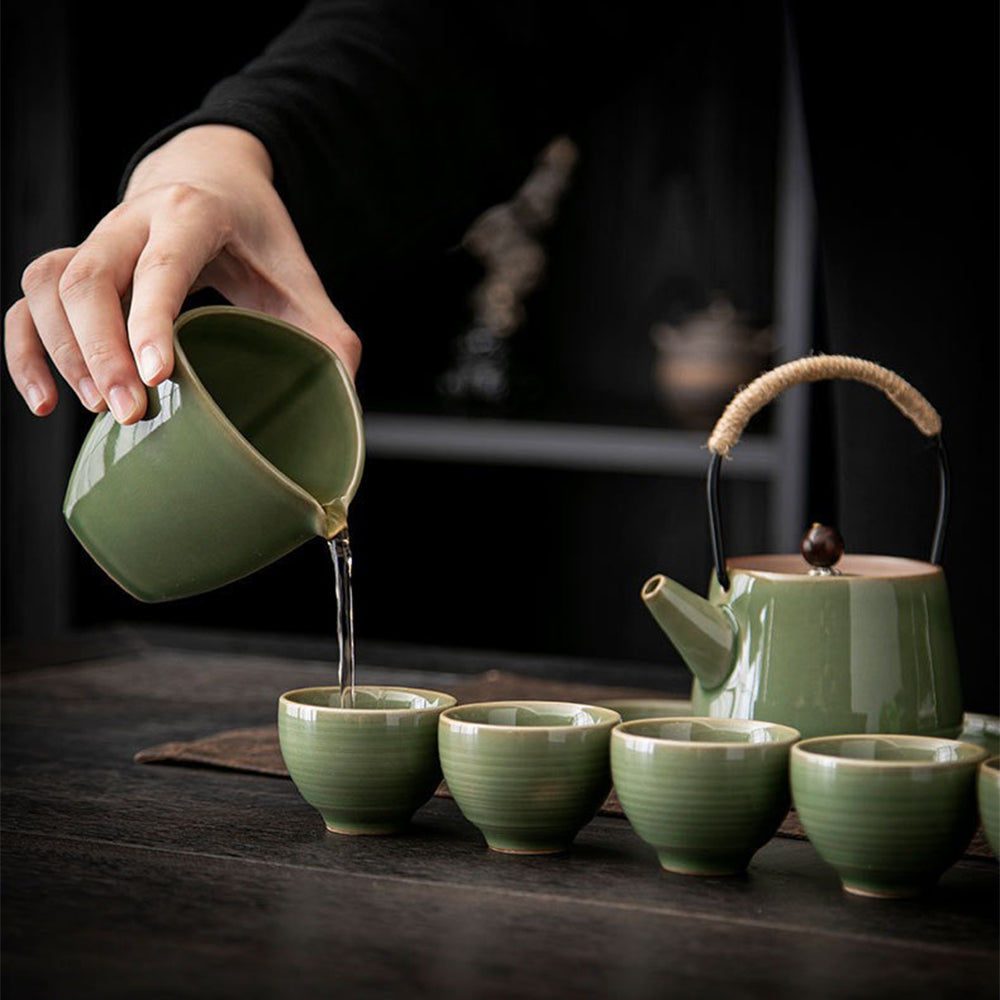 Celadon Gongfu Tea Set 10-Piece | Green Glaze & Rope Handle