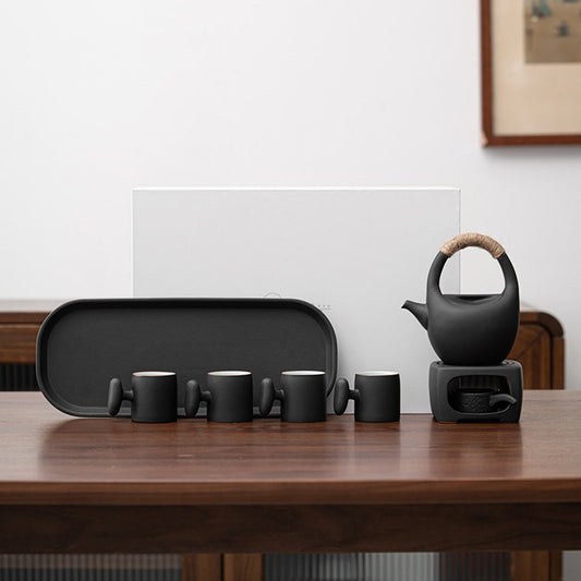 Japanese Black Pottery Tea Set with Warmer 7-Piece