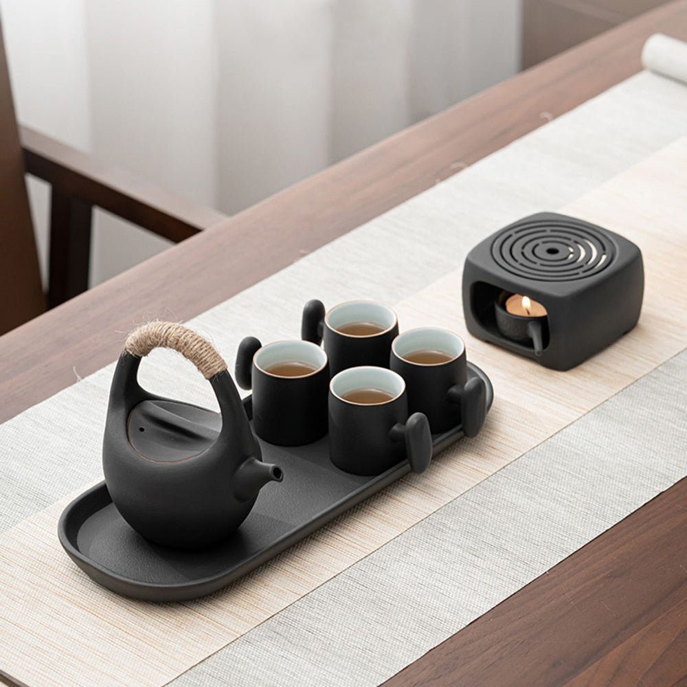 Japanese Black Pottery Tea Set with Warmer 7-Piece