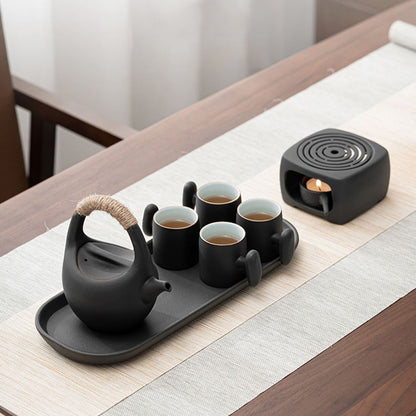 Japanese Black Pottery Tea Set with Warmer 7-Piece